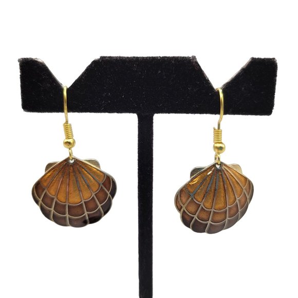 Cloisonne Enamel Clam Shell Earrings Brown Gold Dangle Drop Wire Hooks - Picture 3 of 4